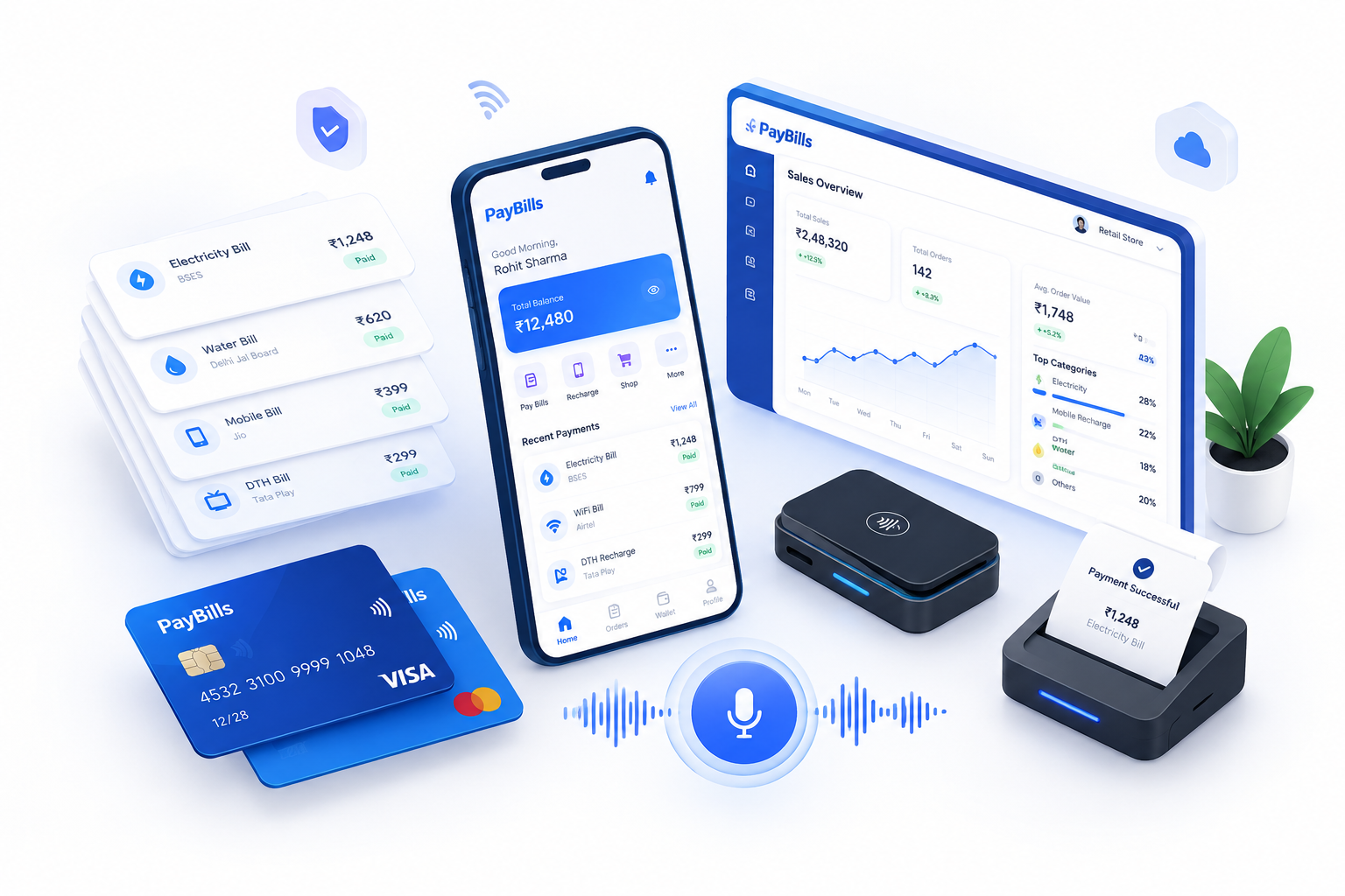 PayBills Platform Ecosystem — Voice Payments, BBPS Utility Bills, POS Hardware, and Merchant Sales Analytics