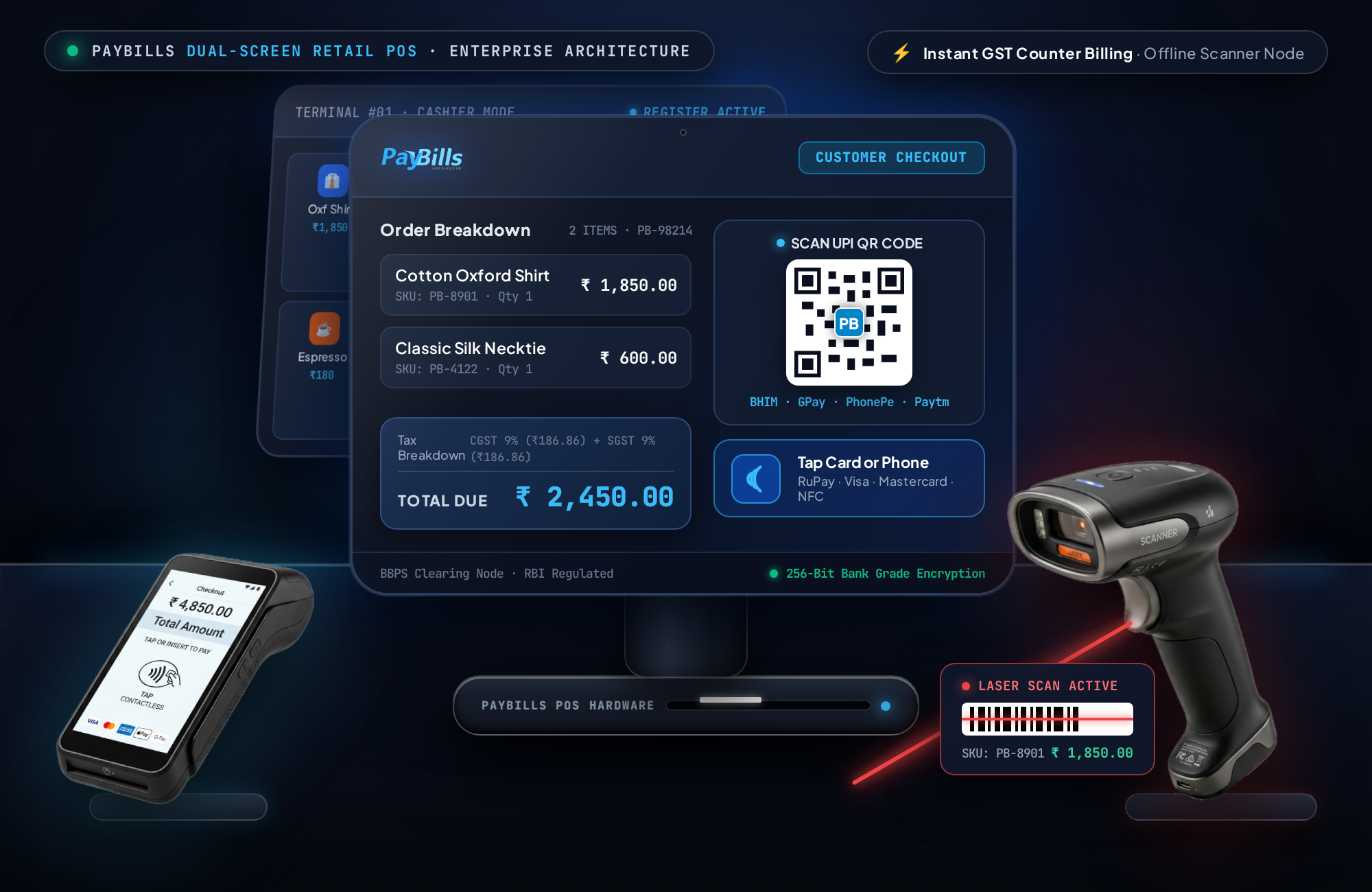 PayBills Sleek Black Dual-Screen POS Terminal & Barcode Scanner Hardware
